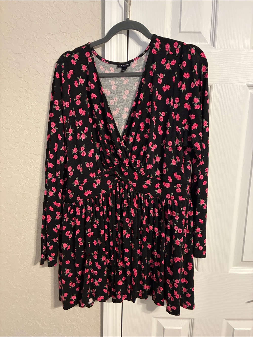 torrid Black Long Sleeve Wrap Top with Pink Floral Print